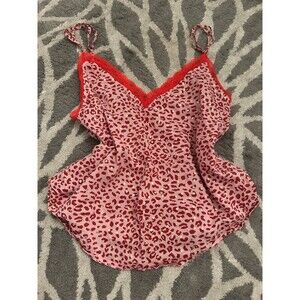 Victoria’s Secret Pink Cheetah Print Slip Top Red Lace Trim and Gold Polka Dots